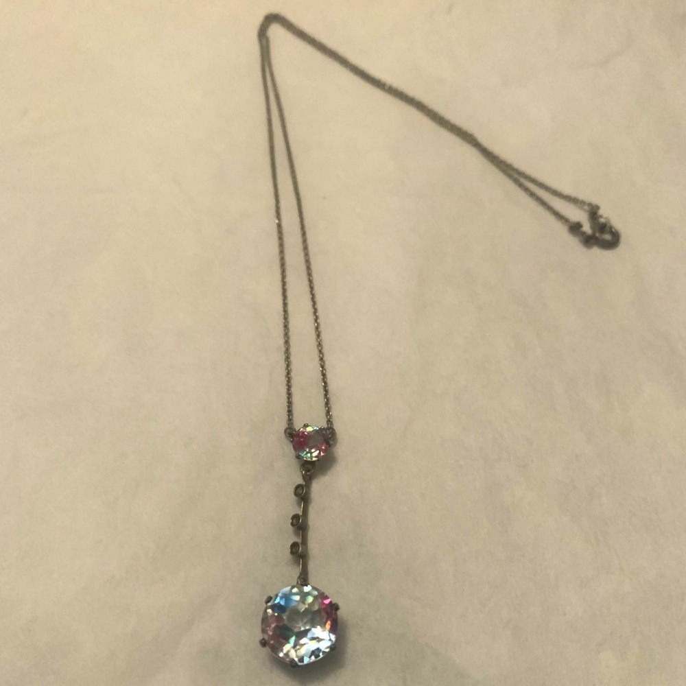 Sterling Silver Necklace with Ornate Colorfull Glass Pendant 16” 2 Piece Chain